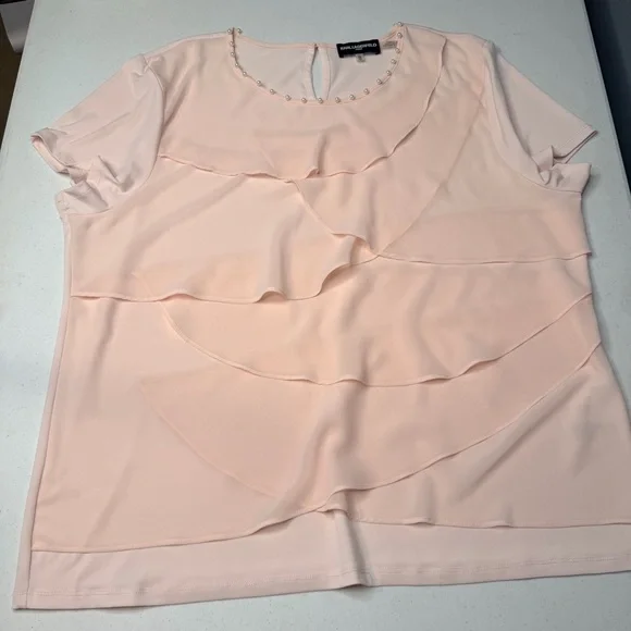 Karl Lagerfeld Paris Tiered Short Sleeve Soft Pink Layered Blouse - Picture 11 of 13